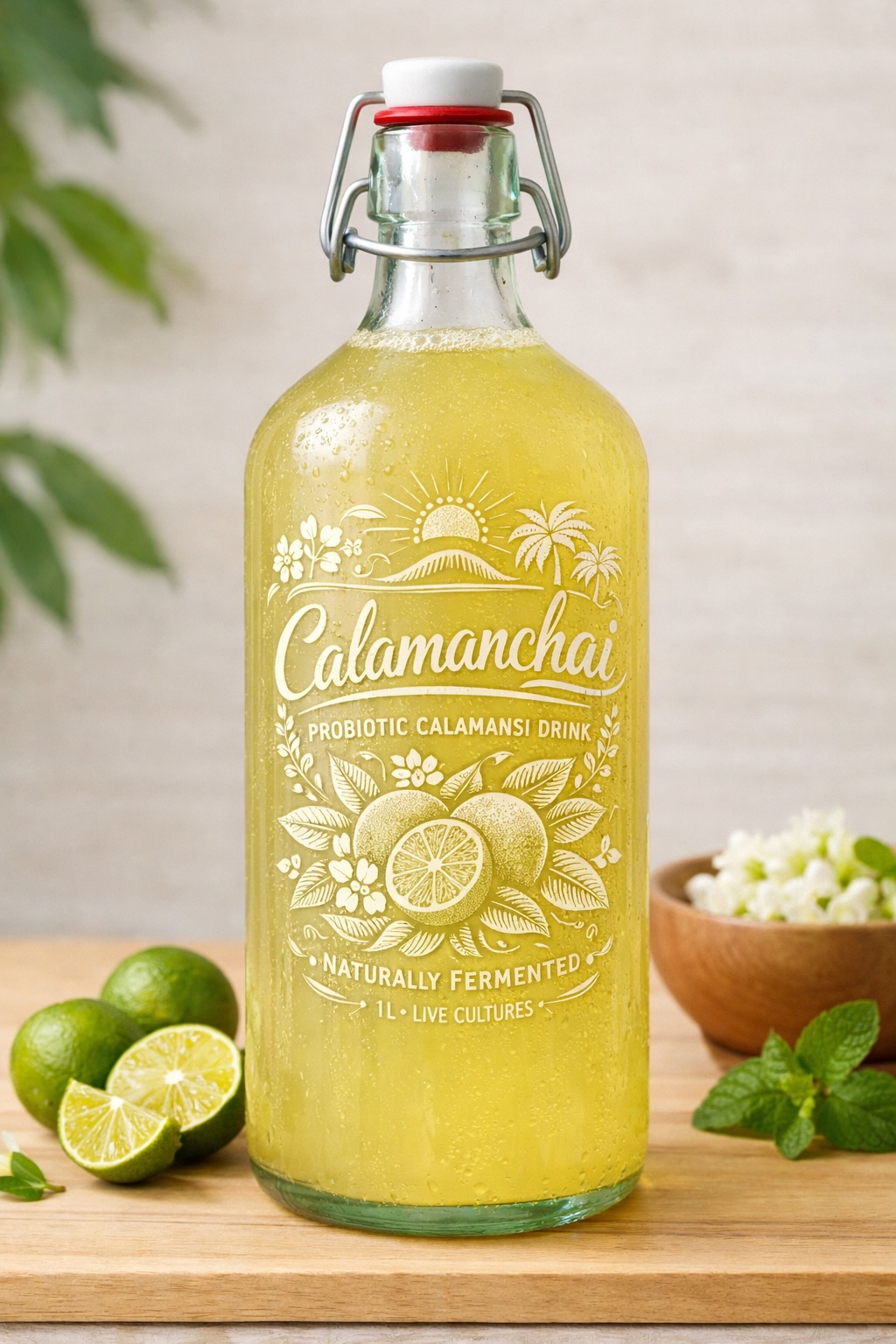 Calamanchai bottle — probiotic calamansi drink in a swing-top glass bottle